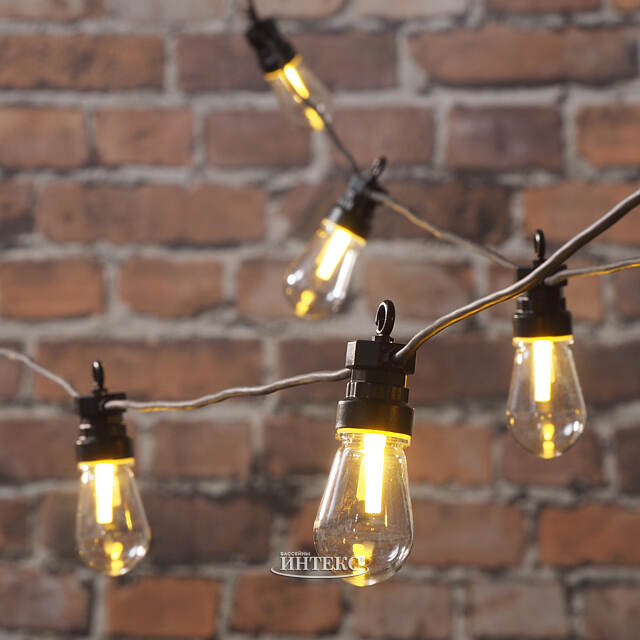 Гирлянда из лампочек Ретро, 20 ламп, теплые белые LED, 9.5 м, черный ПВХ, соединяемая, IP44 Kaemingk