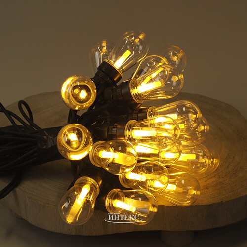 Гирлянда из лампочек Ретро, 20 ламп, теплые белые LED, 9.5 м, черный ПВХ, соединяемая, IP44 Kaemingk