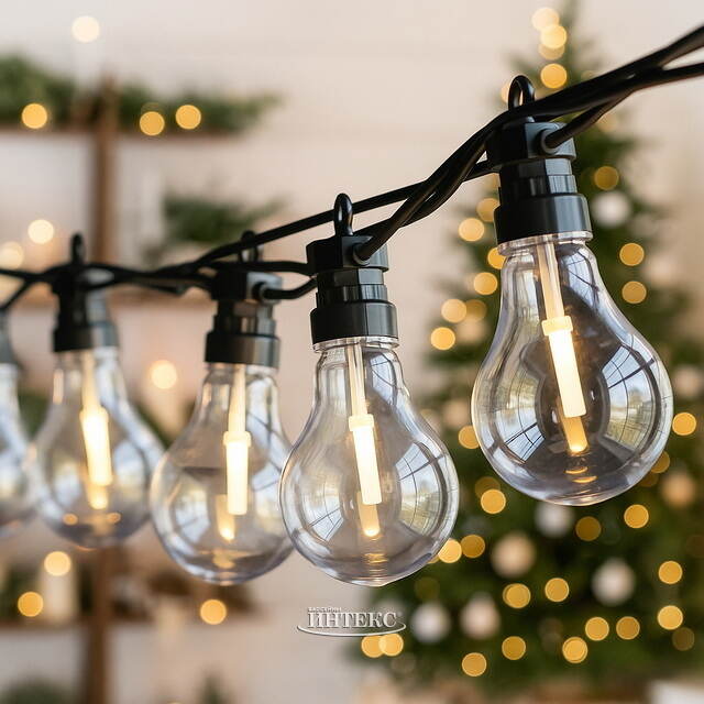 Ретро гирлянда Большие Лампочки, 20 ламп, теплые белые LED, 9.5 м, черный ПВХ, соединяемая, IP44 Kaemingk