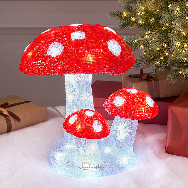 Светодиодная фигура Мухоморы 31 см, 60 холодных белых LED ламп, таймер, IP44 Kaemingk
