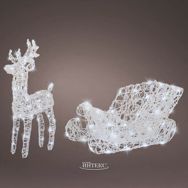 Светодиодный Олень Ливон и Волшебные Сани 45*70 см, 100 холодных белых LED ламп с мерцанием, IP44 Kaemingk