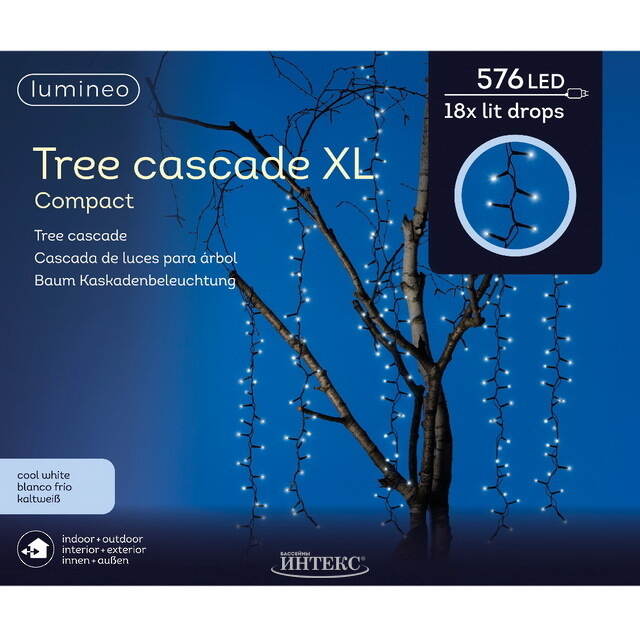 Гирлянда на дерево Каскад 80 см*18 шт, 576 холодных белых LED ламп, черный ПВХ, IP44 Kaemingk