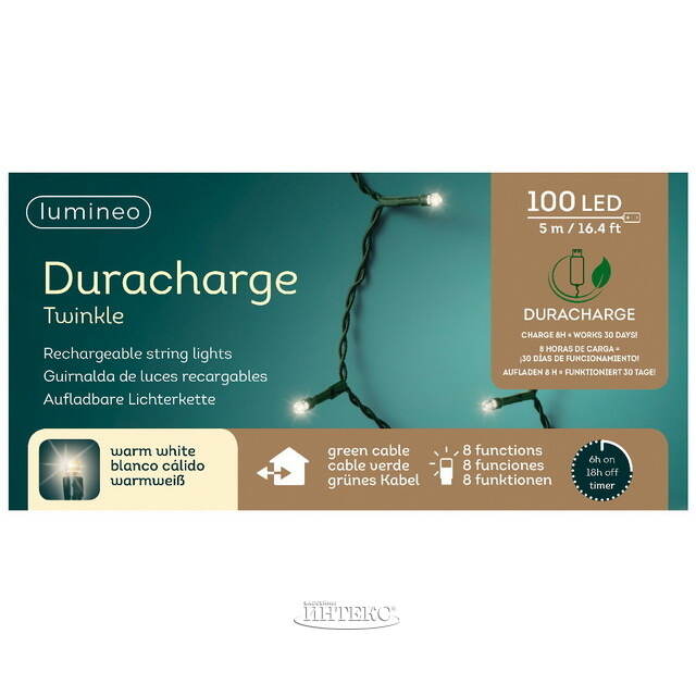 Светодиодная гирлянда на батарейках-аккумуляторах Lumineo Duracharge 5 м, 100 теплых белых LED ламп, зеленый ПВХ, контроллер, IP44 Kaemingk (Кейминг)
