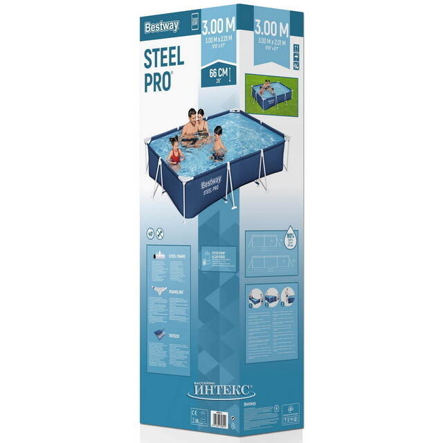 Прямоугольный каркасный бассейн 56411 Bestway Steel Pro 300*201*66 см, фильтр-насос Bestway