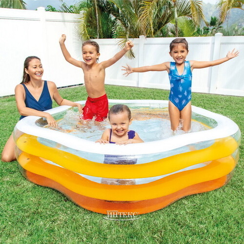 Семейный надувной бассейн с надувным дном Облако 185*53 см, клапан, оранжевый INTEX