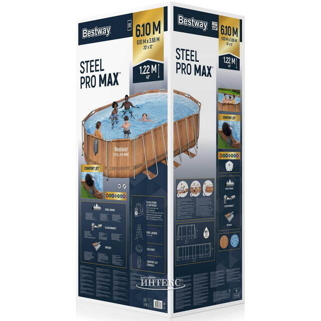 Каркасный овальный бассейн c гидромассажем Bestway Steel Pro Max (Бествей Стил Про Макс) 610*366*122 см коричневый, фильтр-насос, подсветка, аксессуары Bestway