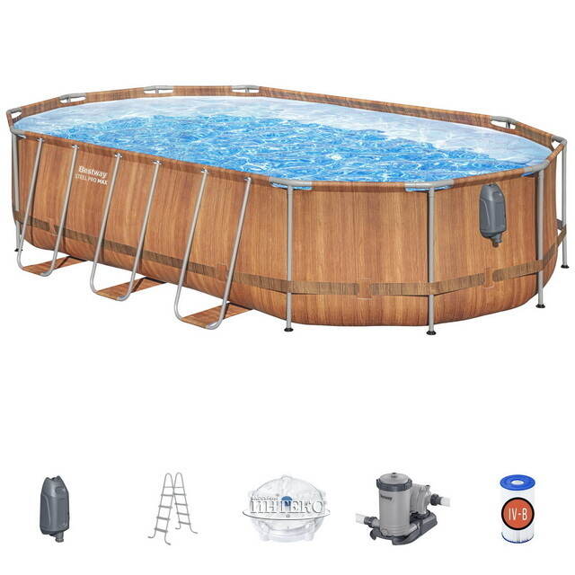 Каркасный овальный бассейн c гидромассажем Bestway Steel Pro Max (Бествей Стил Про Макс) 610*366*122 см коричневый, фильтр-насос, подсветка, аксессуары Bestway