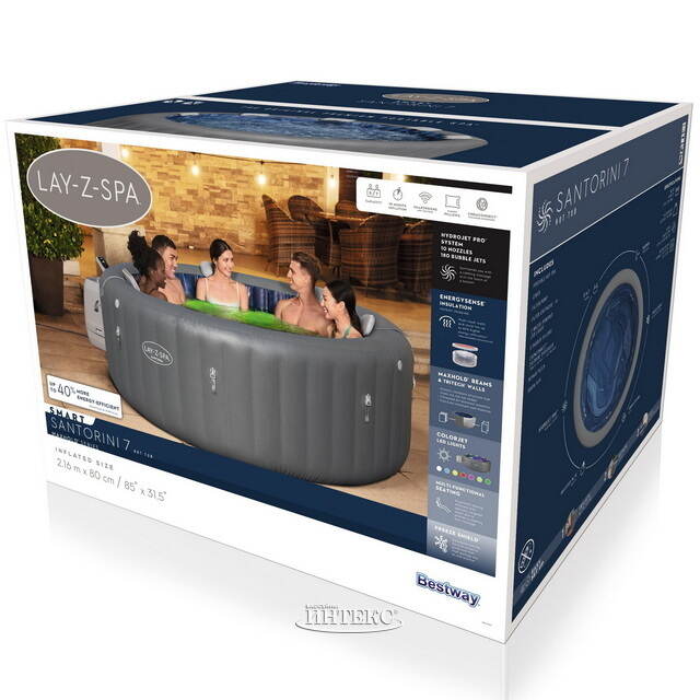 Надувной спа-бассейн 216*80 см 6001T Bestway Santorini Smart HydroJet Pro (Бествей Санторини Смарт Гидроджет Про), теплосберегающий тент, подсветка Bestway (Бествей)