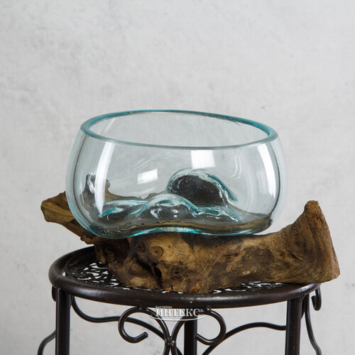 Плоская ваза Тьерри 22 см на деревянной подставке, стекло, уцененная Kaemingk