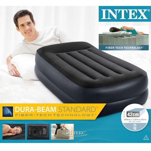 Надувная кровать с насосом Pillow Rest 99*191*42 см темно-синяя с синим INTEX