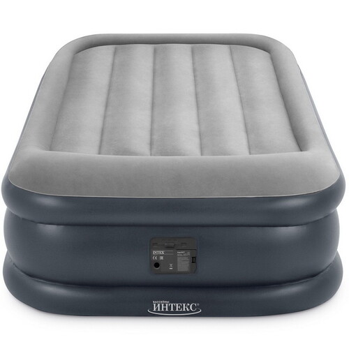 Надувная кровать с насосом Deluxe Pillow Rest 99*191*42 см серо-синяя INTEX