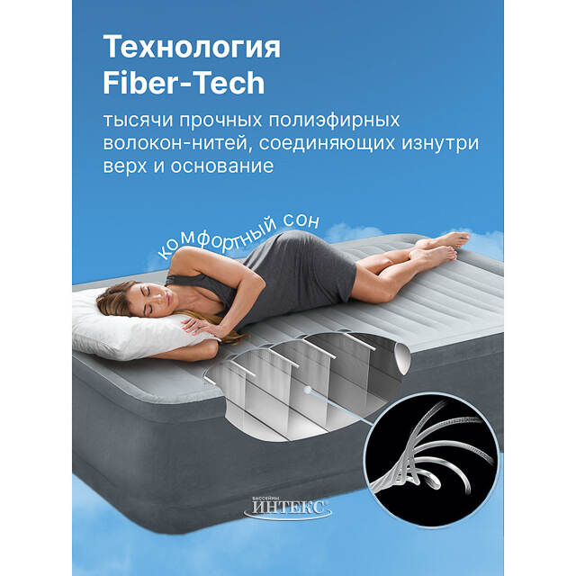 Надувная кровать с насосом Deluxe Pillow Rest 152*203*42 см серо-синяя INTEX (Интекс)