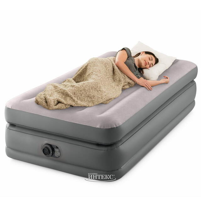 Надувная кровать с насосом Prime Comfort Twin, 99*191*51 см, серая INTEX (Интекс)