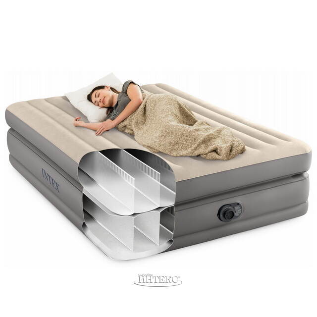 Надувная кровать с насосом Prime Comfort Queen, 152*203*51 см, бежевая INTEX (Интекс)