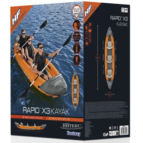 Надувная байдарка Rapid-X3 трехместная 381*100 см + насос и весла Bestway