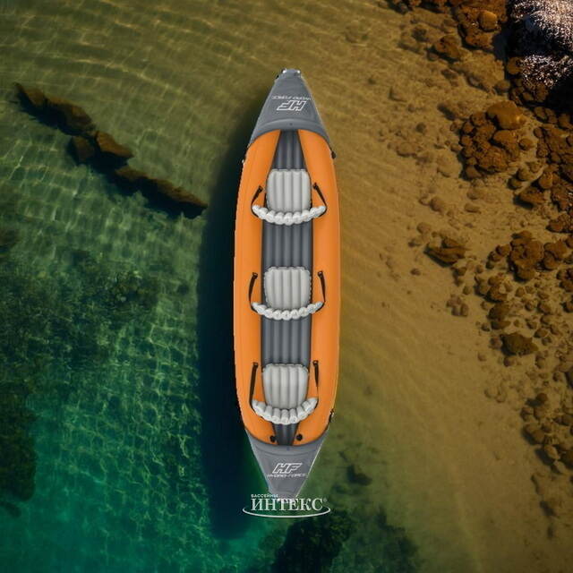 Надувная байдарка Rapid-X3 (Рапид-Икс3) трехместная 381*100 см + насос и весла, оранжевая Bestway (Бествей)