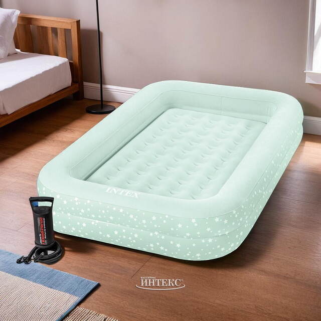 Детская надувная кровать с бортиками Kidz Travel Stars 107*168*25 см, ручной насос INTEX