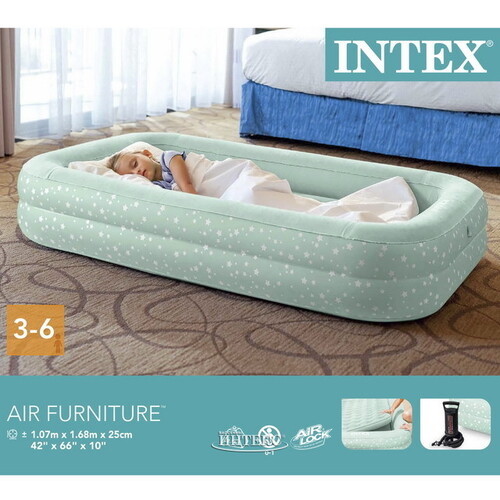 Детская надувная кровать с бортиками Kidz Travel Stars 107*168*25 см, ручной насос INTEX