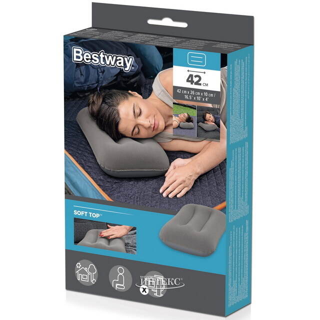 Надувная подушка 42*26*10 см серая, флокированная Bestway (Бествей)