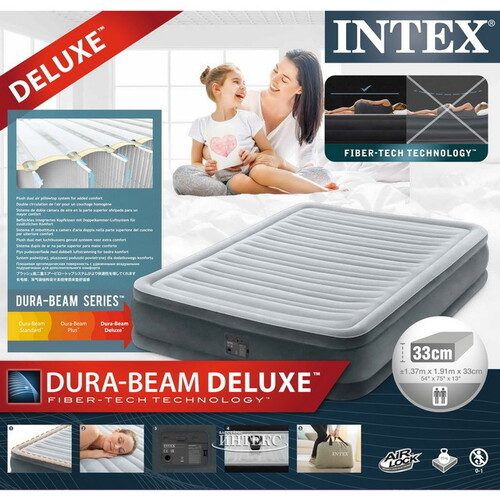 Надувная кровать с насосом Full Comfort-Plush 137*191*33 см INTEX