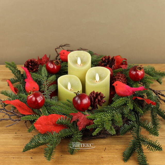 Светодиодная свеча с имитацией пламени 15 см, зеленая восковая, батарейка Peha