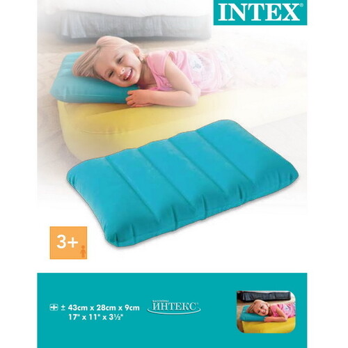 Надувная подушка 43*28*9 см голубая, флокированная INTEX