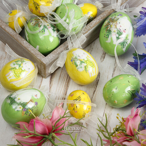 Пасхальные украшения Яйца с лентами - Happy Easter 4-6 см, 12 шт, подвеска Kaemingk
