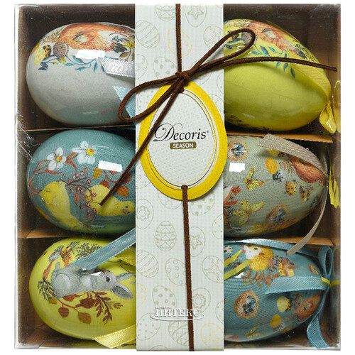 Пасхальные украшения Яйца с лентами - Деревенская сказка 8 см, 6 шт, подвеска Kaemingk