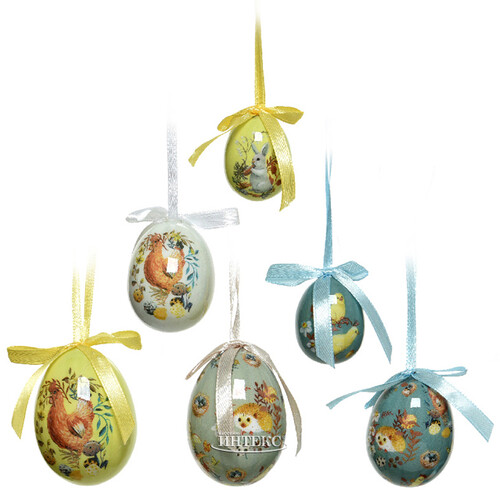 Пасхальные украшения Яйца с лентами - Деревенская сказка 4-6 см, 12 шт, подвеска Kaemingk