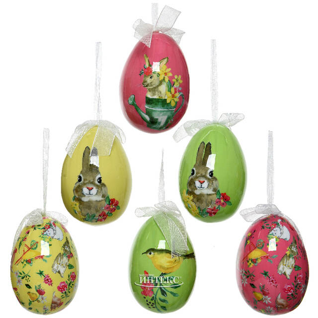 Декоративные пасхальные яйца с лентами Весенние трели 6 см, 6 шт, подвеска Kaemingk (Кейминг)