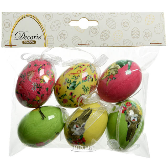 Декоративные пасхальные яйца с лентами Весенние трели 6 см, 6 шт, подвеска Kaemingk (Кейминг)