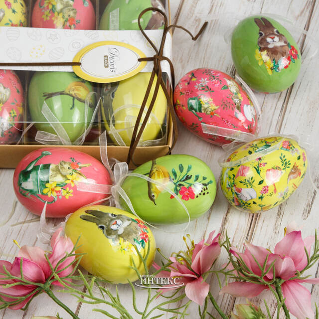 Декоративные пасхальные яйца с лентами Весенние трели 8 см, 6 шт, подвеска Kaemingk (Кейминг)