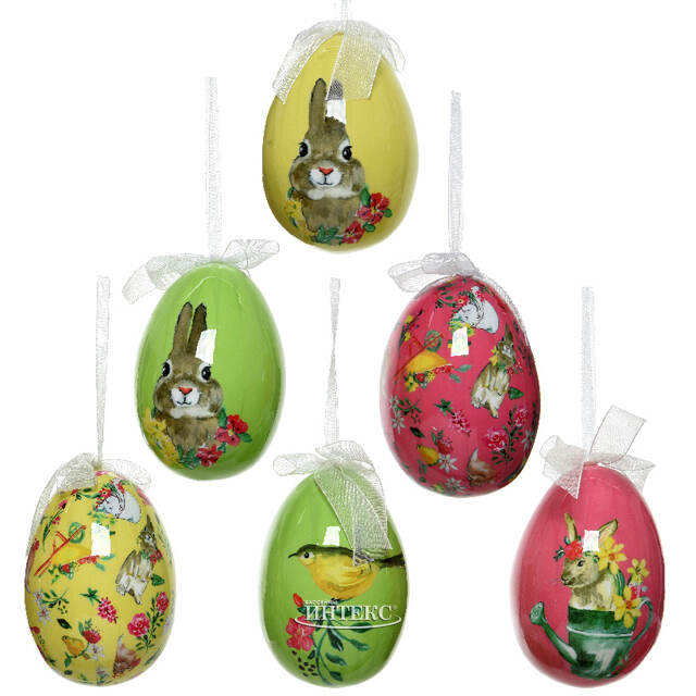 Декоративные пасхальные яйца с лентами Весенние трели 8 см, 6 шт, подвеска Kaemingk (Кейминг)