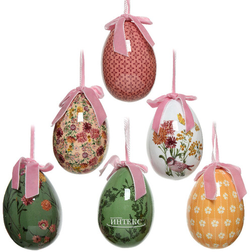 Пасхальные украшения Яйца с лентами - Полевые цветы 6 см, 6 шт, подвеска Kaemingk