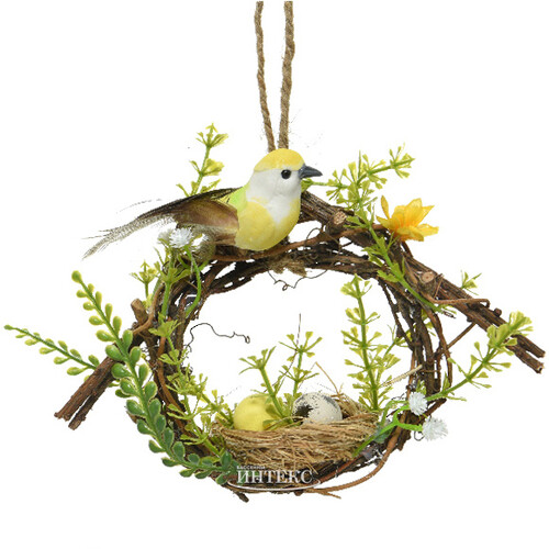 Подвесное украшение для дома Весенний венок с птичкой Джун 17 см Kaemingk