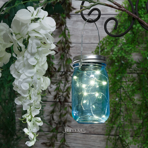 Подвесной солнечный светильник Банка Solar Fairy 14 см, 10 теплых белых LED ламп, голубой, IP44 Kaemingk