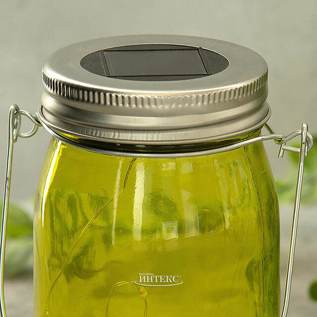 Подвесной солнечный светильник Банка Solar Fairy 14 см, 10 теплых белых LED ламп, оливковый, IP44 Kaemingk