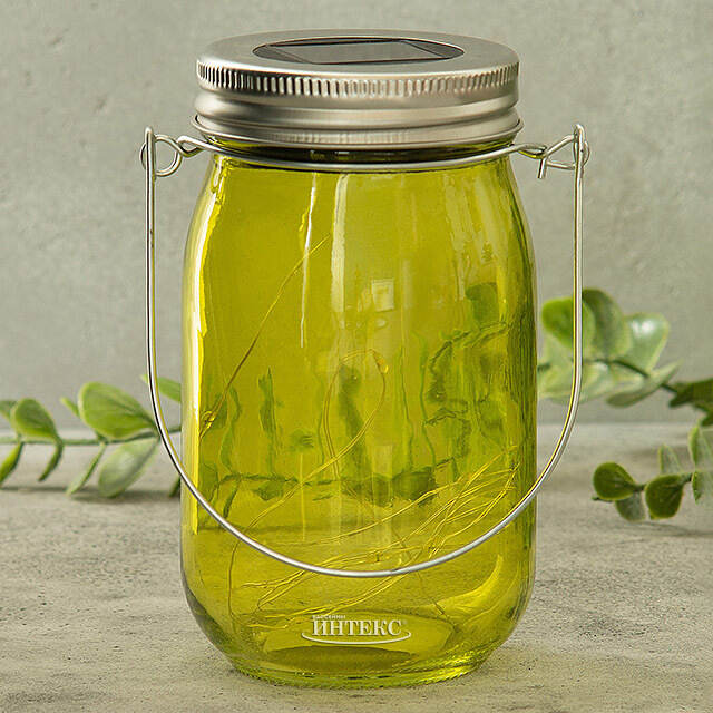 Подвесной солнечный светильник Банка Solar Fairy 14 см, 10 теплых белых LED ламп, оливковый, IP44 Kaemingk