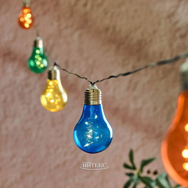 Гирлянда лампочки на солнечной батарее Solar Colors, 10 разноцветных ламп с теплым белым свечением с мерцанием, 4.5 м, черный ПВХ, IP44 Kaemingk (Кейминг)