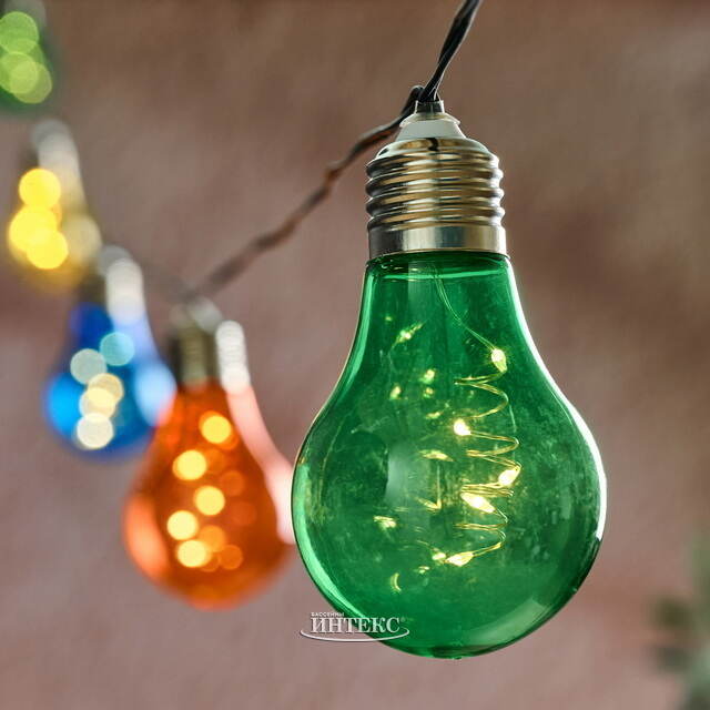 Гирлянда лампочки на солнечной батарее Solar Colors, 10 разноцветных ламп с теплым белым свечением с мерцанием, 4.5 м, черный ПВХ, IP44 Kaemingk (Кейминг)