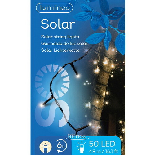 Гирлянда на солнечной батарее Lumineo Solar Caro 4.9 м, 50 теплых белых LED ламп, черный ПВХ, контроллер, IP44 Kaemingk