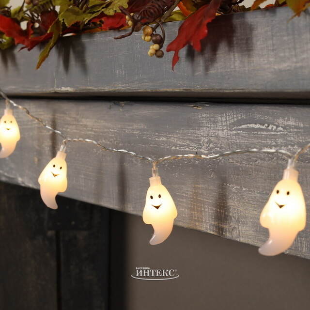 Светодиодная гирлянда на батарейках Хэллоуинские Привидения 1.35 м, 10 теплых белых LED ламп, прозрачный ПВХ, IP20 Koopman