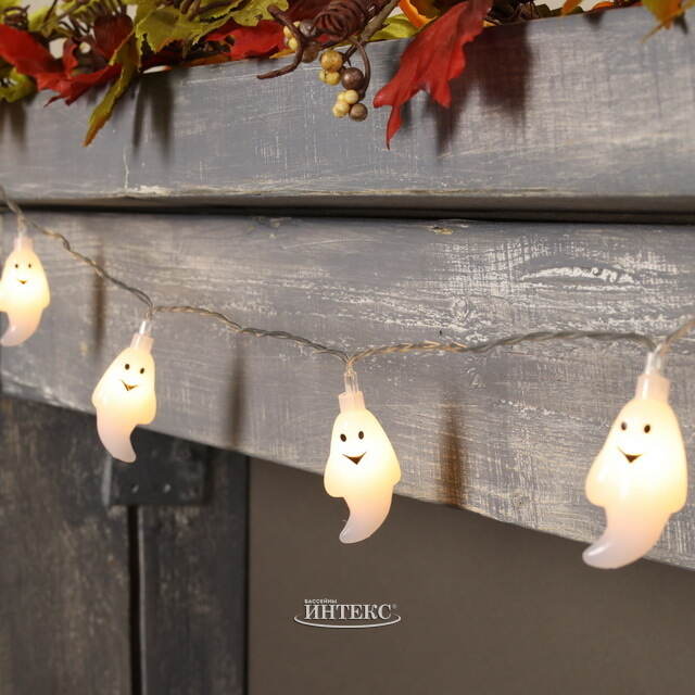 Светодиодная гирлянда на батарейках Хэллоуинские Привидения 1.35 м, 10 теплых белых LED ламп, прозрачный ПВХ, IP20 Koopman