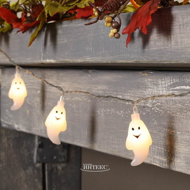 Светодиодная гирлянда на батарейках Хэллоуинские Привидения 1.35 м, 10 теплых белых LED ламп, прозрачный ПВХ, IP20 Koopman