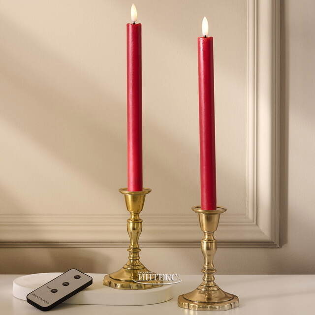 Столовая светодиодная свеча с имитацией пламени Sunrise 25 см красная, 2 шт с пультом, таймер, на батарейках Koopman (Купман)