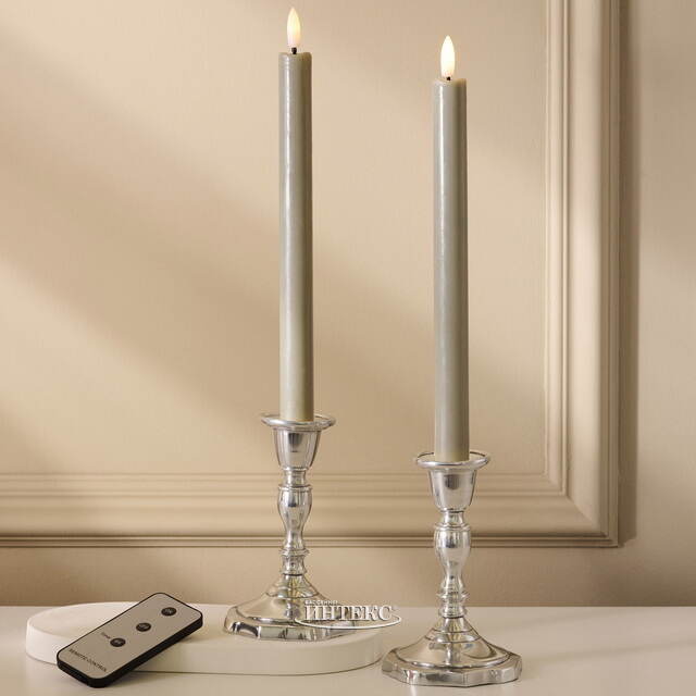 Столовая светодиодная свеча с имитацией пламени Sunrise 25 см серая, 2 шт с пультом, таймер, на батарейках Koopman (Купман)