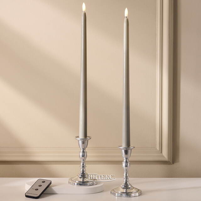 Столовая светодиодная свеча с имитацией пламени Романтика 38 см серая, 2 шт с пультом, таймер, на батарейках Koopman (Купман)