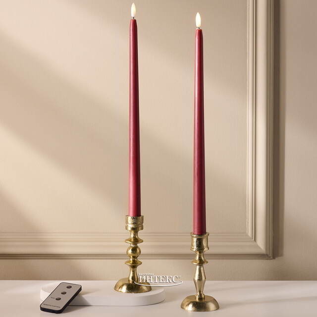 Столовая светодиодная свеча с имитацией пламени Romance 38 см бордовая, 2 шт с пультом, таймер, на батарейках Koopman (Купман)