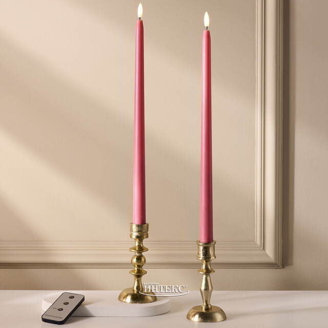 Столовая светодиодная свеча с имитацией пламени Romance 38 см розовая, 2 шт с пультом, таймер, на батарейках Koopman (Купман)