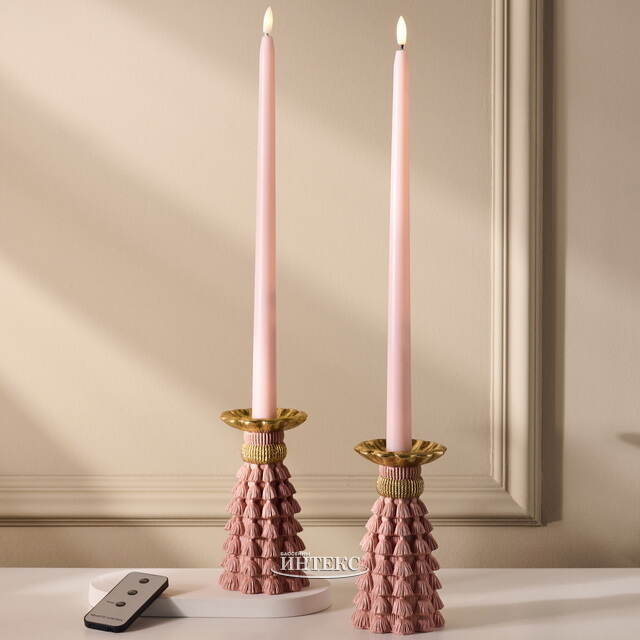 Столовая светодиодная свеча с имитацией пламени Romance 38 см светло-розовая, 2 шт с пультом, таймер, на батарейках Koopman (Купман)